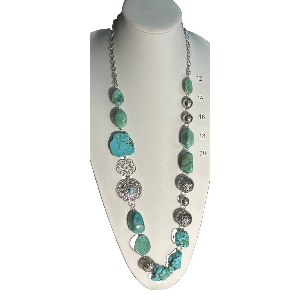 Turquoise Color Stone Asymmetrical Statement Necklace Silver Tone Long Boho